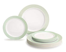 Load image into Gallery viewer, &quot; OCCASIONS &quot; 240 Plates Pack,(120 Guests) Heavyweight Wedding Party Disposable Plastic Plates -120x10.25&#39;&#39; Dinner + 120x7.5&#39;&#39; Salad/Dessert (Rio Collection White &amp; Pearled Green)
