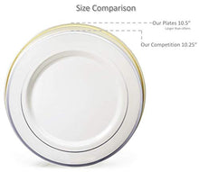 Load image into Gallery viewer, &quot; OCCASIONS &quot; 240 Plates Pack,(120 Guests) Heavyweight Wedding Party Disposable Plastic Plates -120x10.25&#39;&#39; Dinner + 120x7.5&#39;&#39; Salad/Dessert (Rio Collection White &amp; Pearled Green)
