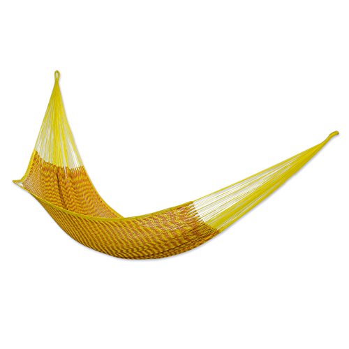 NOVICA Bright Yellow Orange Hand Woven Cotton Mayan 2 Person XL Rope Hammock, Saffron Sun' (Double)