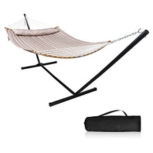 Load image into Gallery viewer, Mansion Home Hammock with Stand, Foldable Curved Bamboo Bar Hammock with Stand 2 Person Heavy Duty, Double Hammock with 12 FT Detachable Stand, Pillow &amp; Portable Carrying Bag, Heavy Duty 450lbs, Tan
